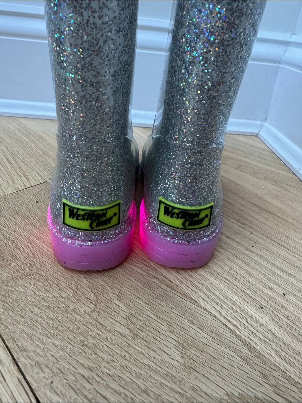Western Chief Light Up Silver Glitter Rain Boots with Purple Soles